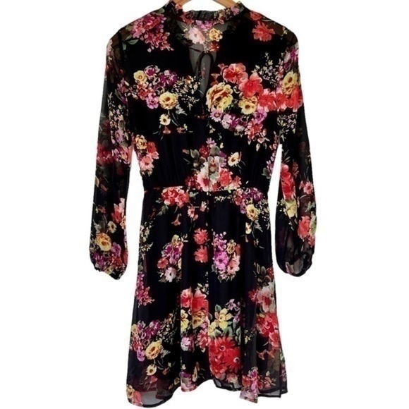 NEW Fraiche By J Dress Black Multi Floral Sheer Long Sleeve Women’s Dress Size M - Picture 2 of 11